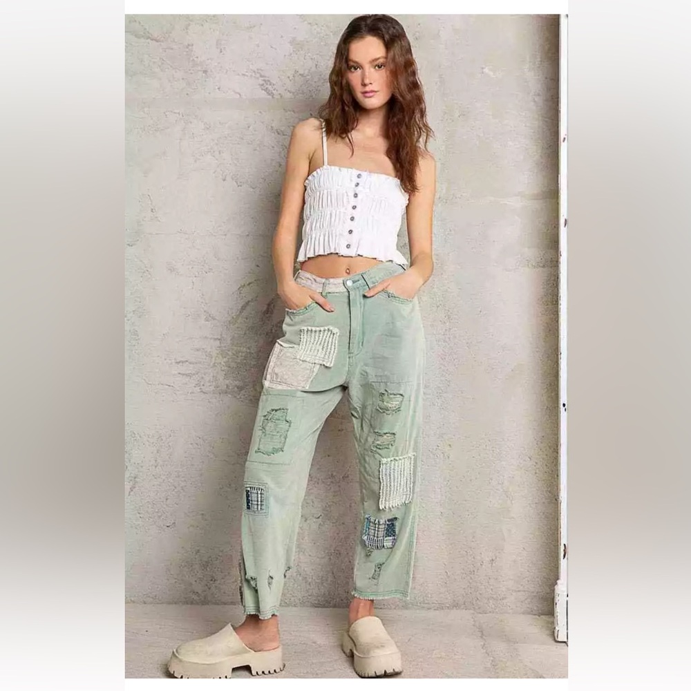 POL Clothing Patchwork ankle length Womens Jeans